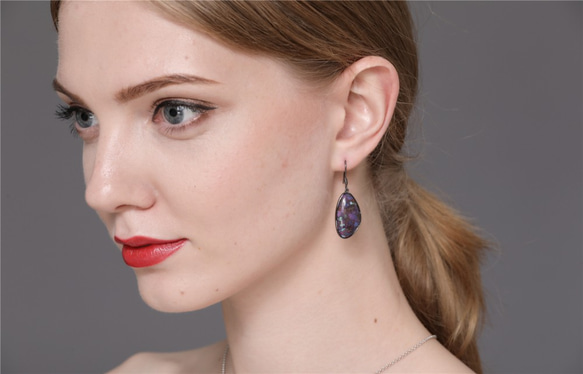 稀有紫色綠松石S925純銀電鍍黑耳勾耳環01(可改耳夾) 第2張的照片