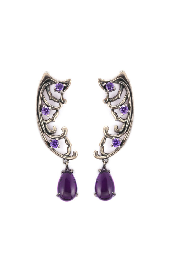 孔雀系列--紫色鋯石純銀耳釘耳環不對稱款(可改耳夾) 第1張的照片