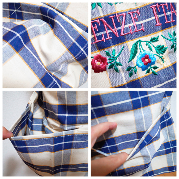 ♡イタリア製♡刺繍と大きめチェックが可愛いエプロン/ブルー 3枚目の画像
