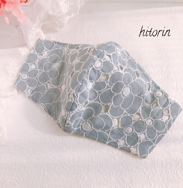 Creema限定】☆レースマスク カメリア刺繍 カットワーク ライトグレー 