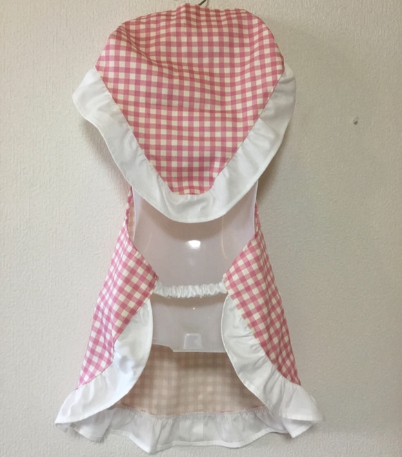 お嬢様系♡110＊120 エプロンと三角巾と巾着のセット*ギンガムチェック　ピンク 3枚目の画像