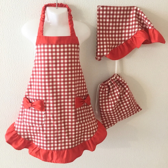 お嬢様系♡130＊140 エプロンと三角巾と巾着のセット*ギンガムチェック