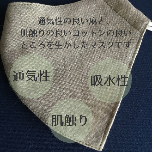 オーガニックコットンリネンとやわらかダブルガーゼの立体マスク(カーキ) 2枚目の画像