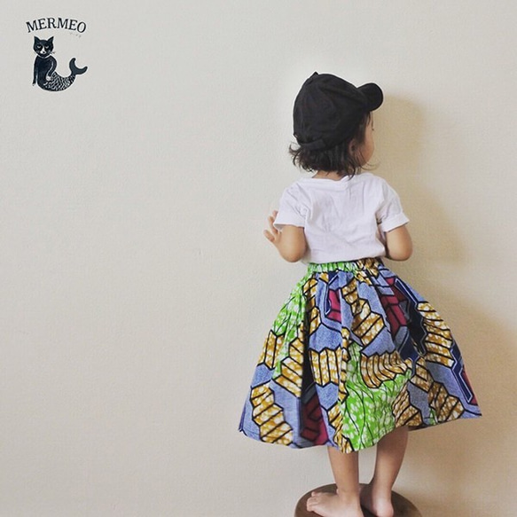 &lt;90 / 100,110 / 120&gt;兒童女孩非洲面料柔軟膝蓋長度裙子曲折 第3張的照片