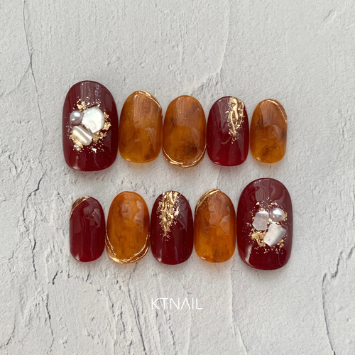 ボルドーべっ甲ネイル/ニュアンスネイル/ミラーネイル/ゴールド