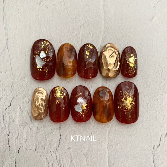 ボルドーとべっ甲のキラキラネイル/ミラーネイル/秋ネイル/成人式