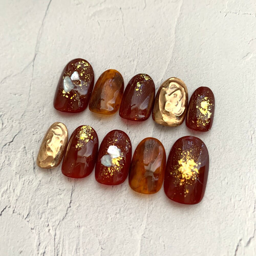 ボルドーとべっ甲のキラキラネイル/ミラーネイル/秋ネイル/成人式