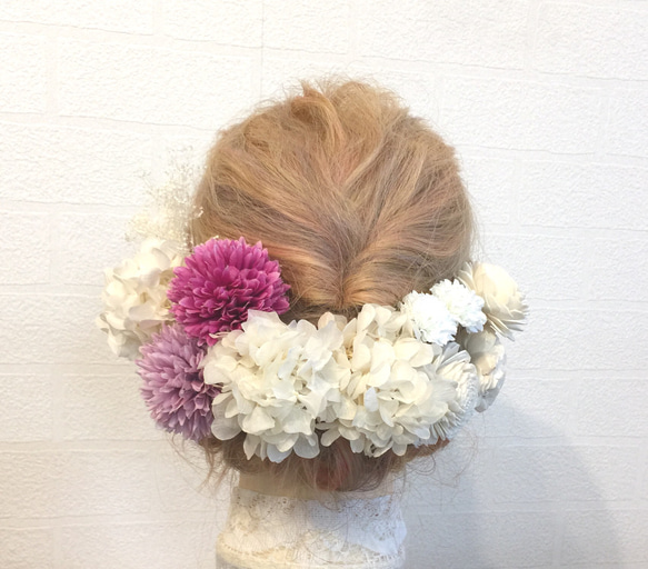 ピンポンマムのヘッドドレス ウエディング 成人式 髪飾り ヘアアクセサリー 2枚目の画像