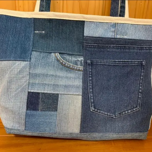 ★☆デニムリメイク☆★パッチワークミニトートバッグ❥ハンドメイド❥ ハンドメイド】トートバッグ パッチワーク デニムリメイク 青系