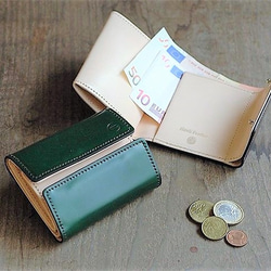 【刻印可】　手にすっぽり収まる　ボックス型小銭入れ付き三つ折りミニ財布　コードバン　 グリーン  MI0006 1枚目の画像