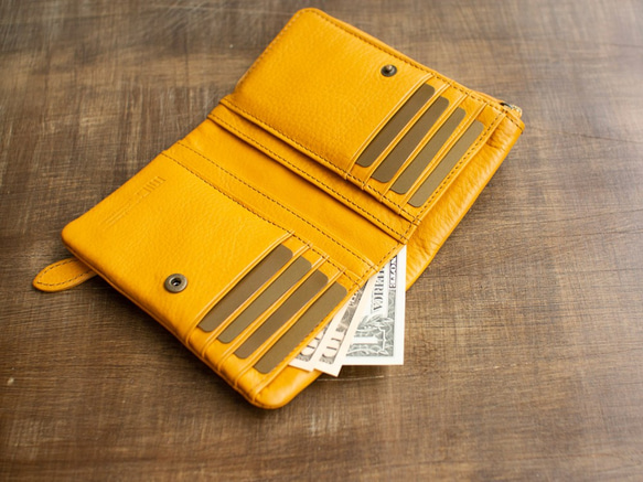 【刻印可】温かみのある質感のイタリアンレザー 外L型ファスナー二つ折財布 イエロー 　MH1214 3枚目の画像