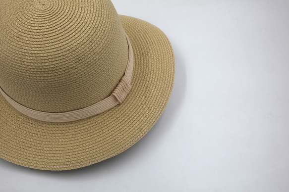 【紙布家】小禮帽(米黃色/米色飾帶)紙線編織 第1張的照片
