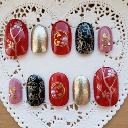 再販1【受注制作】ブラック&レッド桜の和柄ネイル/成人式/卒業式/袴