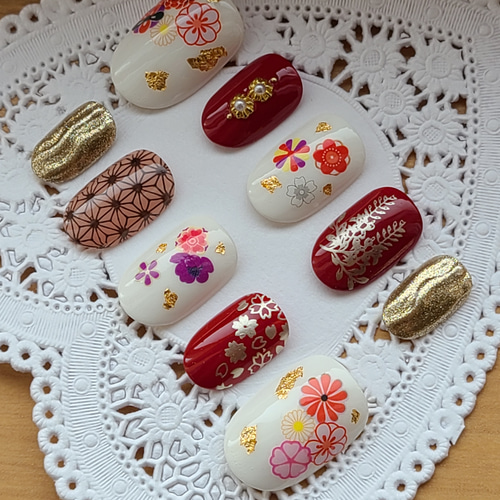 【オーダー】成人式　振袖　卒業式　麻の葉　和柄　和風アート　ネイルチップ オーダー】成人式 振袖 和マグネット 和柄 麻の葉 ネイルチップ