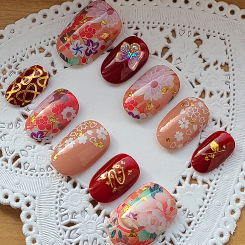 再販2【受注制作】牡丹の花&桜の振り袖ネイル/成人式/卒業式/結婚式