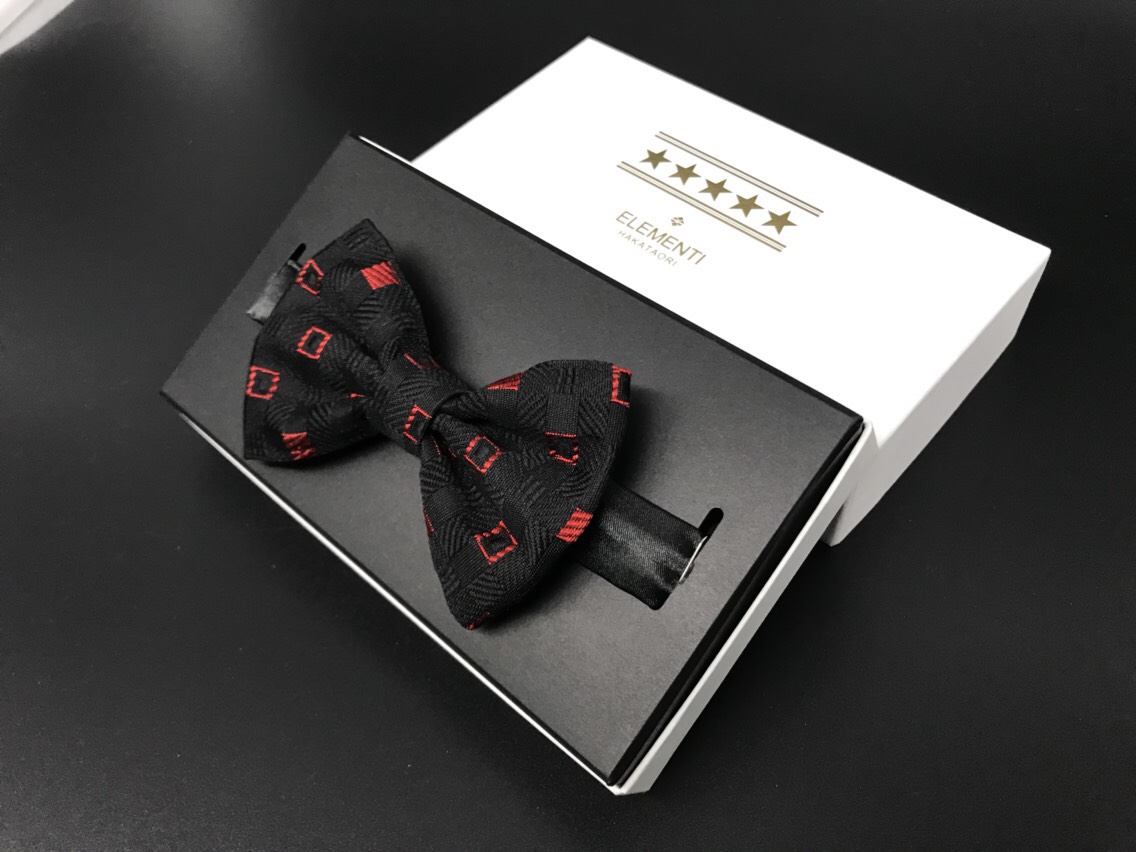 博多織オリジナル蝶ネクタイ 黒／赤 スクエアチェック柄 フォーマル/カジュアル 結婚式　パーティー　イベント