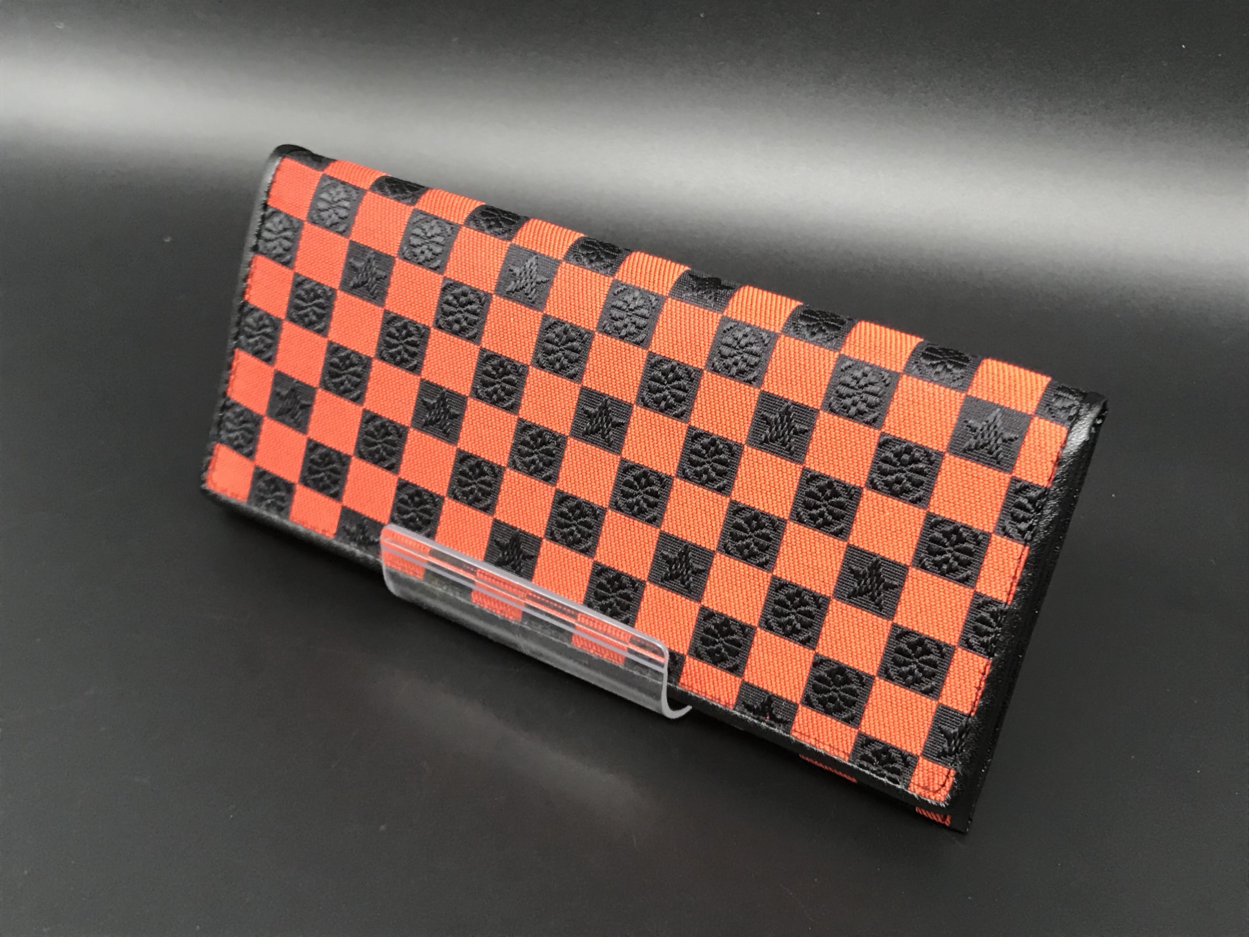 本場筑前博多織 市松模様星柄献上オリジナル札入れ おしゃれ 限定小銭入れ付き 黒赤