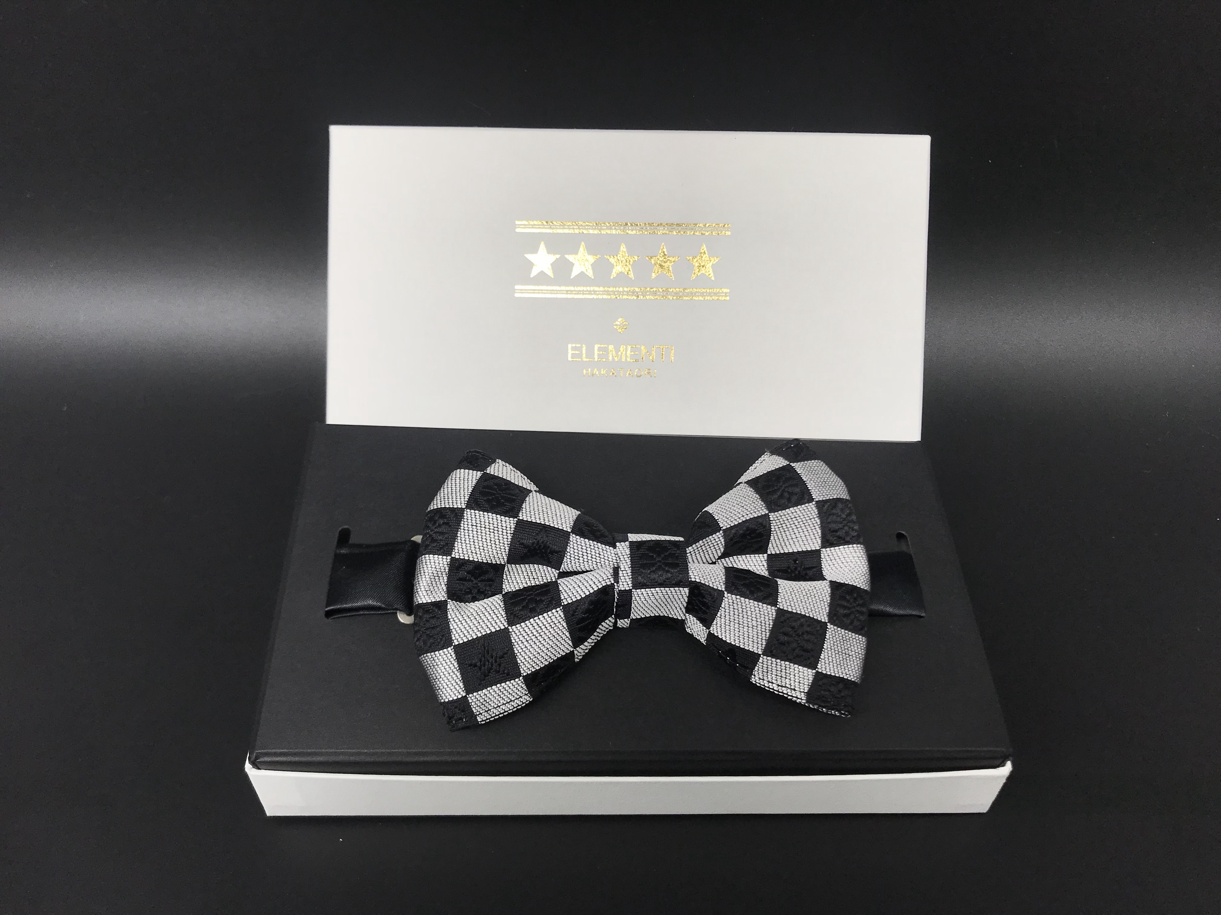 本場筑前博多織市松模様＆星柄献上オリジナル蝶ネクタイ パーティー カジュアル 白黒 おしゃれ