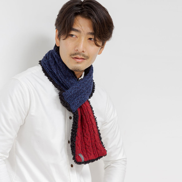 メンズ 輪っかで留める細めバイカラーマフラー ネイビー×レッド