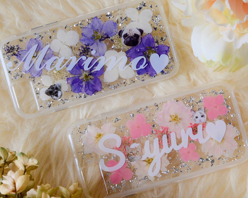 グリッターケースの押し花スマホケース　※iPhone 限定 リアル押し花入り クリア iPhoneケース【スピード発送