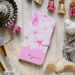 名入れ可能♩花柄ピンク 手帳型スマホケース オリジナルケース 1枚目の画像