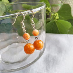 ピアス・イヤリング オレンジ 天然石 シルバー カルサイト 二つ玉