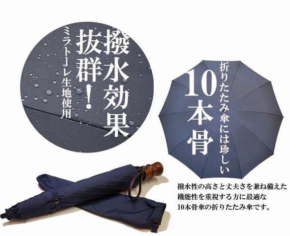 紳士用超撥水性生地使用折り畳み傘「ミラトーレ」親骨60㎝×10本骨　カラー5色 3枚目の画像