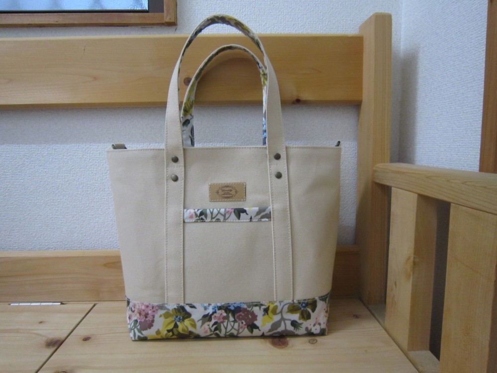 倉敷8号帆布＊リバティラミネート＊トートバック*＊Dカン付＊2WAY＊アイボリー