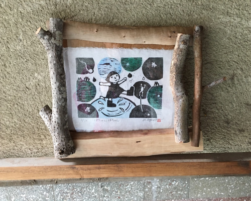 手刷り木版画「ぽちゃん ばちゃん」和紙に手刷・手彩色 面取り枝