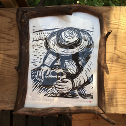 手刷り木版画「だいじなふたば」　和紙に手刷り、ユーカリの枝を樹皮付のまま組んだ額縁とのセット販売、一点物です 6枚目の画像