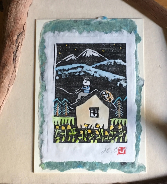 手刷り木版画グリーティングカード「夜の調べ」　和紙に手刷り手彩色の原画を貼った二つ折のカードです。　額縁は別売り 1枚目の画像