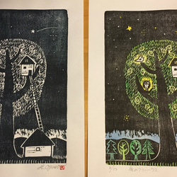 手刷り木版画「夜のツリーハウス」　和紙に手刷り、額縁は別売りです 3枚目の画像