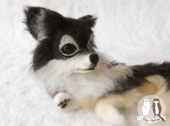 羊毛フェルトの犬（伏せポーズ閉じ口）全長25cm一部ペットの毛使用可 4枚目の画像