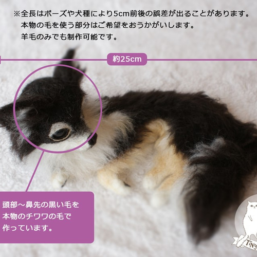 ★即購入可能です。羊毛フェルト【狆　伏せポーズ】犬　ハンドメイド 羊毛フェルトの犬（伏せポーズ閉じ口）全長25cm一部ペットの毛使用可