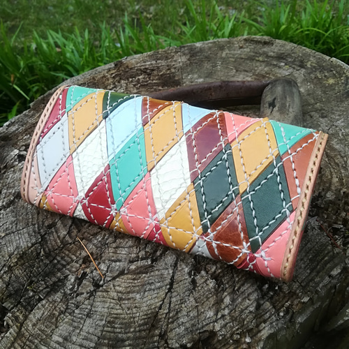 本革パッチワーク　ファーコート　レザーパッチワーク　marquistone 一点物 レザーパッチワーク 長財布 手縫い 長財布 DOODARU1973