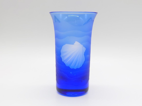 「波と貝」　 サンドブラスト 青 藍色 ひとくちビール 1枚目の画像
