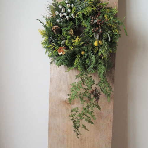 黄金ヒバとシダのリース リース 草冠 通販 8153994｜Creema(クリーマ