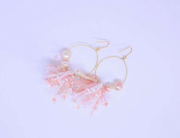 &lt;嚓〜HANABI耳環〜&gt;漸變棉珍珠粉紅× 第4張的照片
