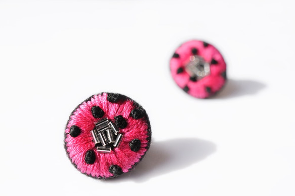 &lt;Stella ~Playful Star~&gt; 刺繡耳環 ◎Pink Dots ◎Pink x Black★可更換防 第2張的照片