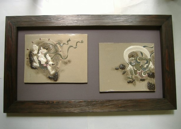 【新品・未使用】陶板掛軸　風神雷神　インテリア　貴重品　清水焼 レリーフ陶板・尾形光琳屏風絵「風神雷神」 彫刻 noah 通販