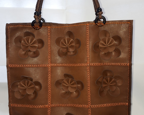 本革　ハンドバッグ　茶　ブラウン　レザークラフト　花　がま口　ボストンバッグ 0_dc83d838eb31e983a0a6355d0a57