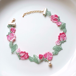 Rose Vines☆2色展開 玫瑰刺繡蕾絲頸鍊 項鍊 Choker 粉色/藍色 第1張的照片