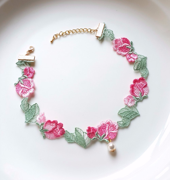 Rose Vines☆2色展開 玫瑰刺繡蕾絲頸鍊 項鍊 Choker 粉色/藍色 第1張的照片