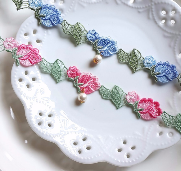 Rose Vines☆2色展開 玫瑰刺繡蕾絲頸鍊 項鍊 Choker 粉色/藍色 第4張的照片