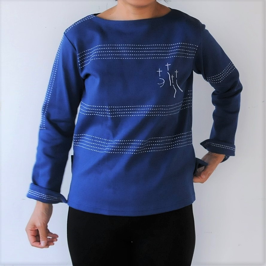 【SALE】レディース　刺し子ボーダーTシャツ　ブルー