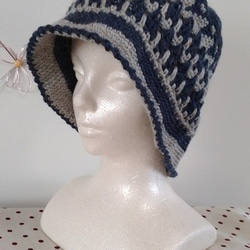 ダイヤ/二コルの糸で、かぎ針で編んだ、編み込み模様の帽子～～！ 1枚目の画像