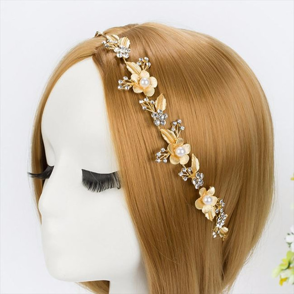 ヘッドドレス 髪飾り ゴールド フラワー パール カチューシャ ヘアアクセサリー レディース カチューシャ 髪留め 1枚目の画像