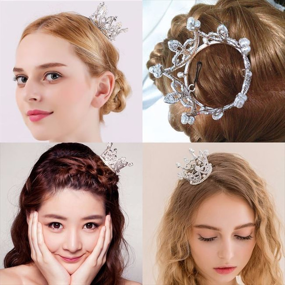 ヘッドドレス 髪飾り ミニ クラウン パール ティアラ シルバー ヘアアクセサリー レディース カチューシャ 髪留め 2枚目の画像