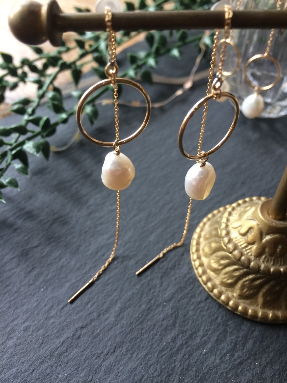 【14kgf】 淡水パール×リングロングチェーンピアス