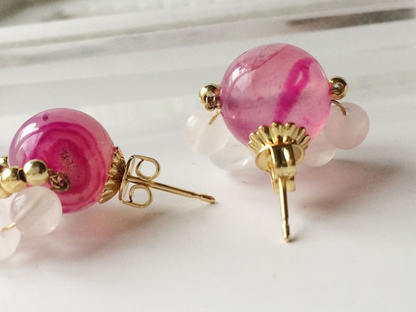 [訂購製作]選擇粉紅瑪瑙粉晶華麗耳環/耳環 第4張的照片